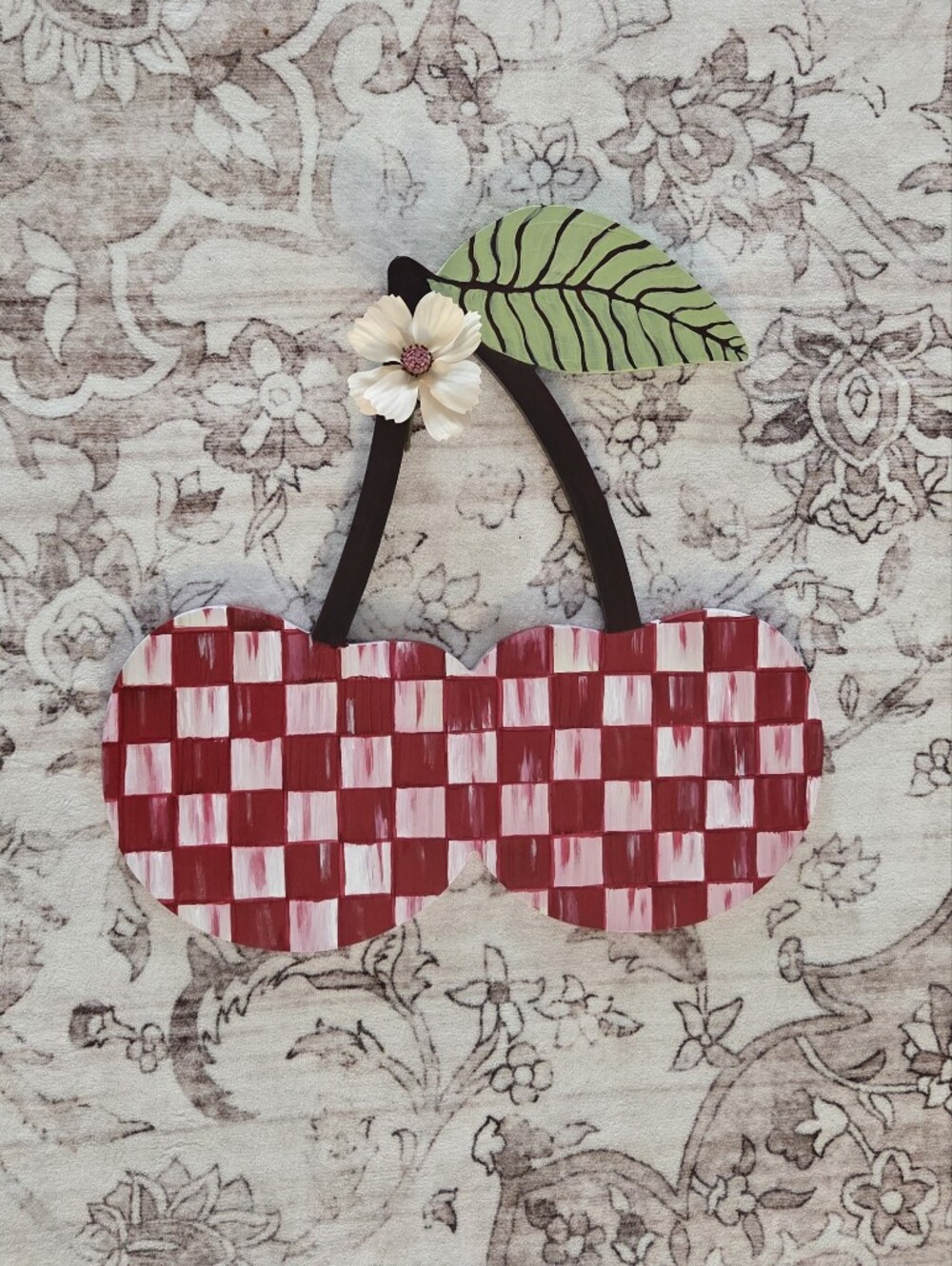 Hand Painted Whimsical Checkered Cherries Wall Art